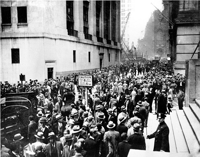 Crowds panic in the Wall Street district of Manhattan due to the heavy trading on the stock market in New York City on Oct. 24, 1929.  (AP Photo)