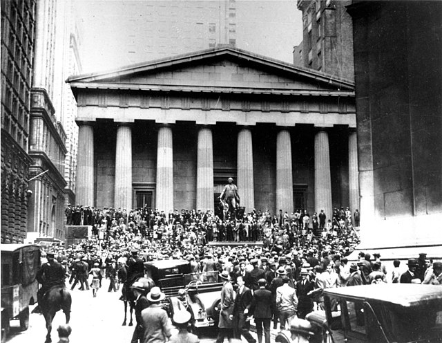Crowds panic in the Wall Street district of Manhattan due to the heavy trading on the stock market in New York City on Oct. 24, 1929.  (AP Photo)